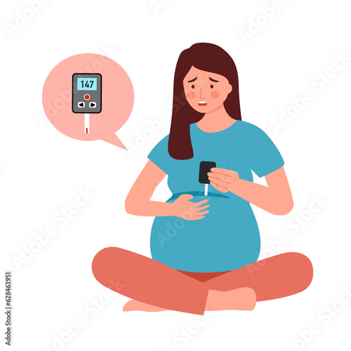 Gestational diabetes concept vector illustration. Sad pregnant woman with blood sugar level test in flat design.