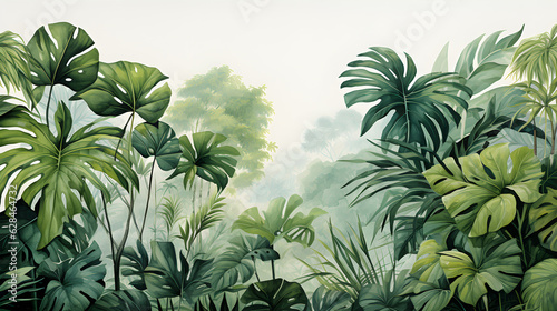 Tropical leaves watercolor background created with Generative AI technology © Oksana