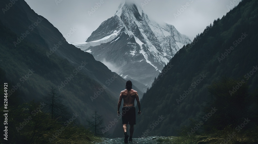 fitness in the mountains aesthetic dark deep image. Generative AI