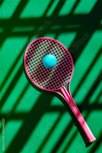 Pink racket and small blue ball on sports ground photo