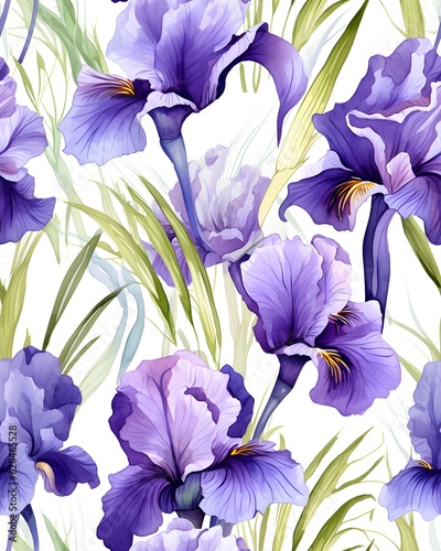Iris flowers  tileable watercolor hand drawn seamless pattern created with Generative AI technology