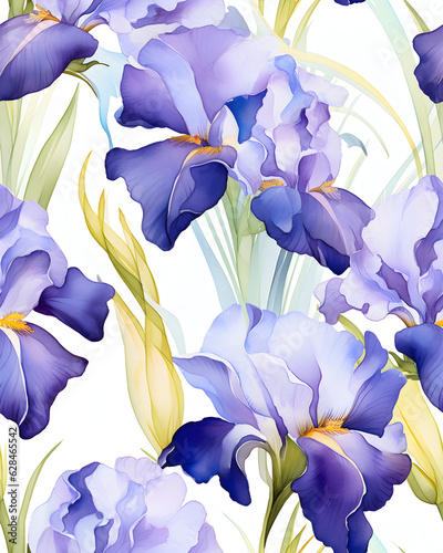 Iris flowers tileable watercolor hand drawn seamless pattern created with Generative AI technology
