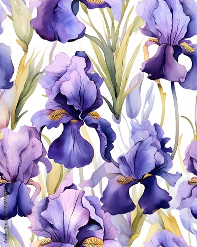 Iris flowers  tileable watercolor hand drawn seamless pattern created with Generative AI technology