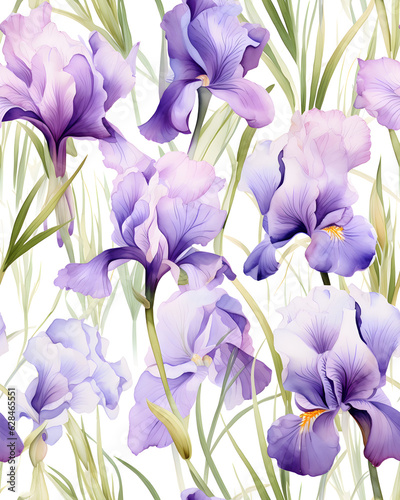 Iris flowers tileable watercolor hand drawn seamless pattern created with Generative AI technology