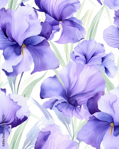 Iris flowers  tileable watercolor hand drawn seamless pattern created with Generative AI technology