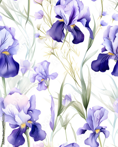 Iris flowers  tileable watercolor hand drawn seamless pattern created with Generative AI technology © Oksana