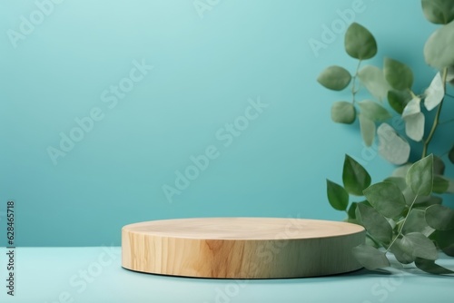 Wood slice podium with eucalyptus leaves on blue background for cosmetic product mockup, Generative AI