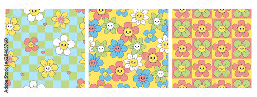 Collection of seamless patterns with cute smiling flowers. Vector graphics.