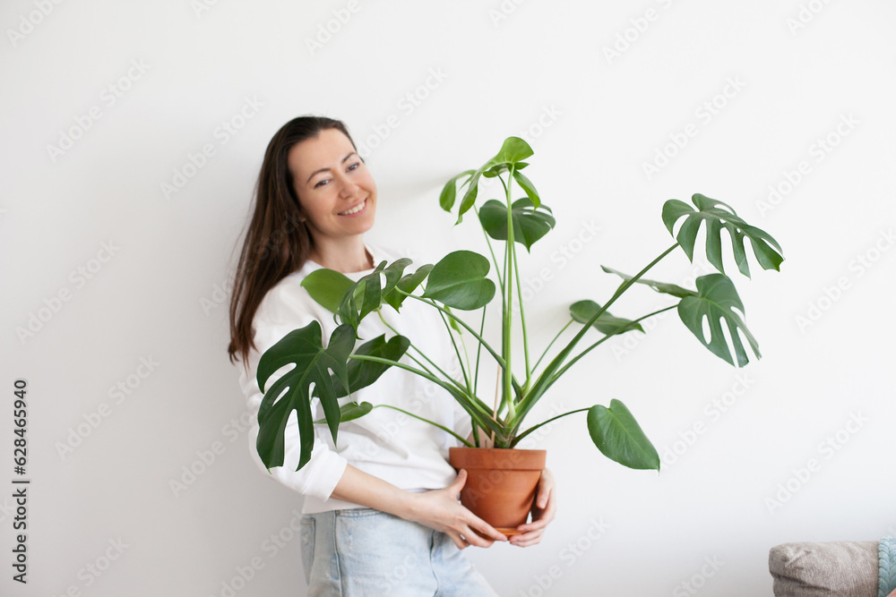 Young millennial woman holding a pot with green monstera house plant. Horizontal photo. Urban jungle green indoor gardening hobby. Young millennial woman holding a pot with green monstera house plant. Horizontal photo. Urban jungle green indoor gardening hobby.