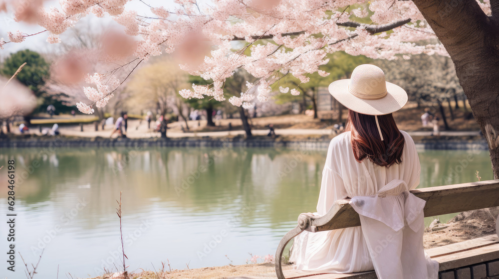 woman in a hat looking at cherry blossoms