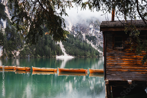 Rainy and cloudy morning at famous Lago di Braies  Pragser Wildsee  Italy