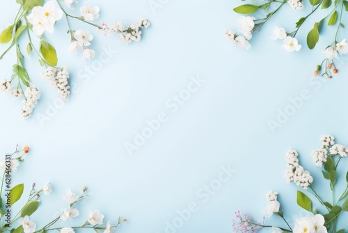 Spring flower frame on blue background copy space flat lay mock up, Generative AI