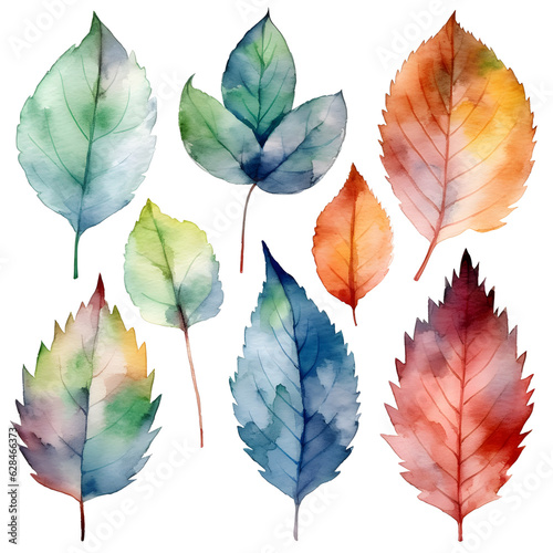 Watercolor leaves ioslated on white background created with Generative AI technology © Oksana