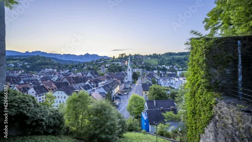 City of Feldkirch in the State of Vorarlberg, Austria. View from the Schattenburg. Timelapse Video day to night transition.