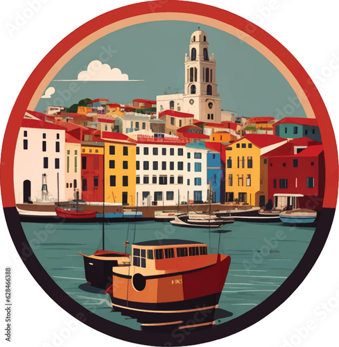 Vintage harbour in round shape vector