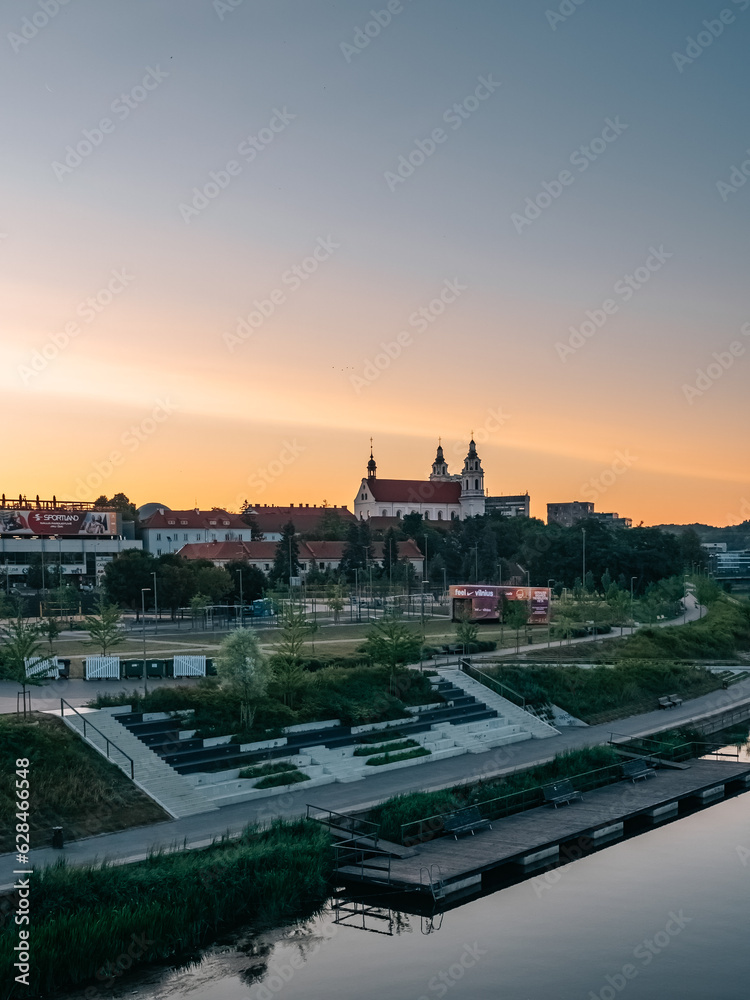 Vilnius, Lithuania - 07 15 2023: Panorama of Vilnius. View of the sports grounds near 