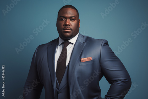 serios plus sized black man in a business suit on a blue background photo