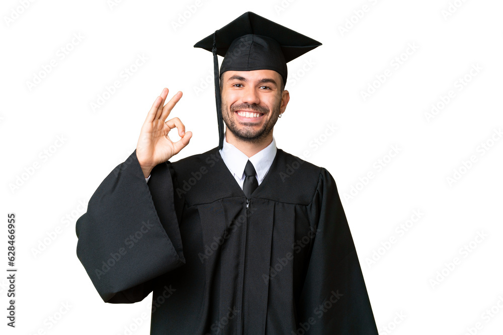 Young university graduate man over isolated chroma key background showing ok sign with fingers Young university graduate man over isolated chroma key background showing ok sign with fingers