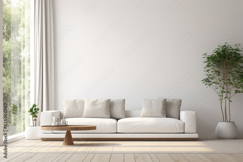 White minimalist living room interior with sofa on a wooden floor ...