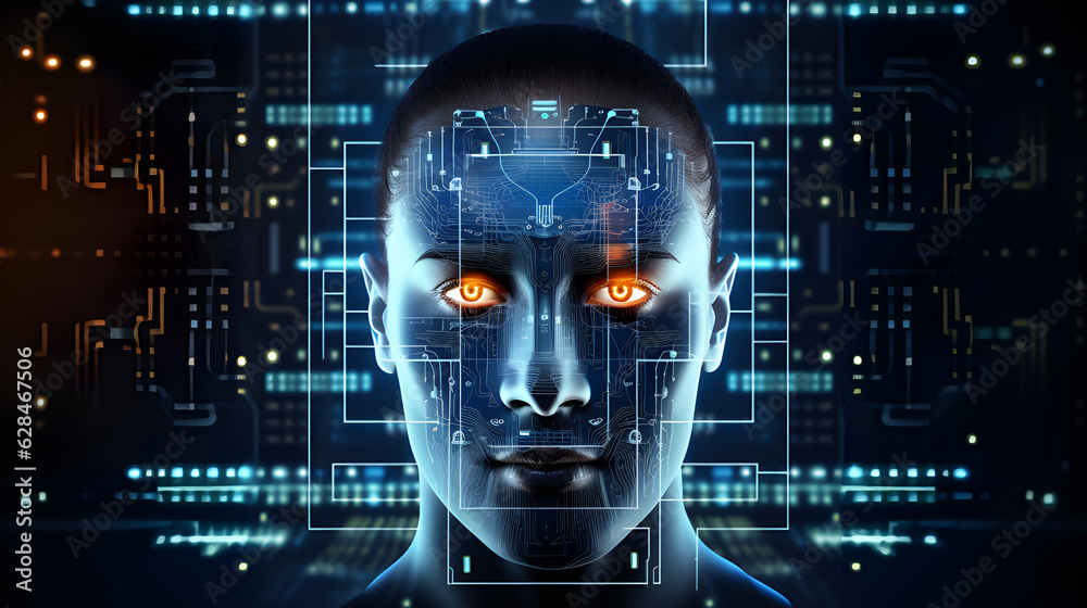 Face recognition, face recognition system concept. Biometric scanning, 3D scanning.ID face, personal identification through recognition system, wireframe concept.