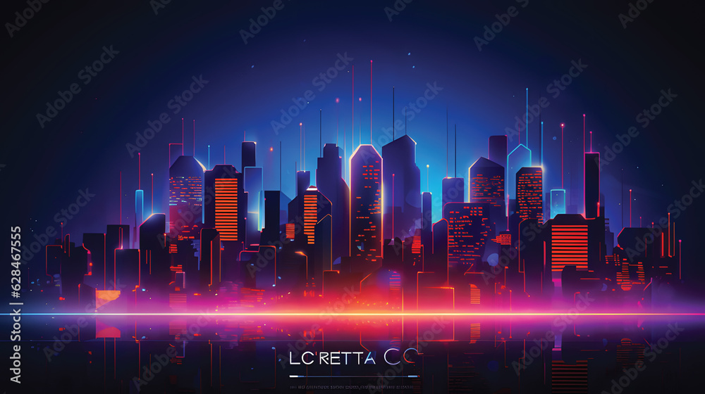 Urban architecture illustration, cityscape with space and neon light effect.GenerativeAI.