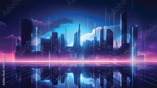 Vector urban architecture illustration, cityscape with space and neon light effect.