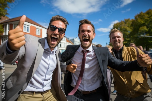 Men in suits jumping with j...