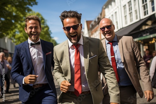Men in suits jumping with j...
