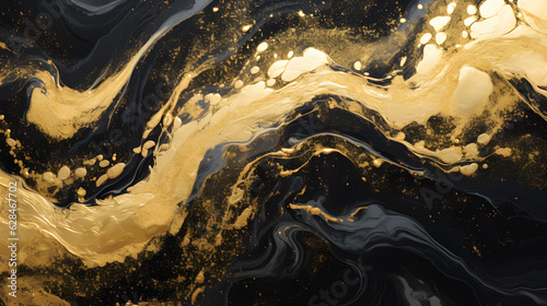 Golden swirl, art design. Suminagashi — the ancient art of Japanese marble, marble paper is a way to design a watery texture of black and gold paper texture.
