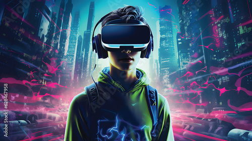 Virtuel realty illustration VR experience boy.teenage gamer.GenerativeAI.