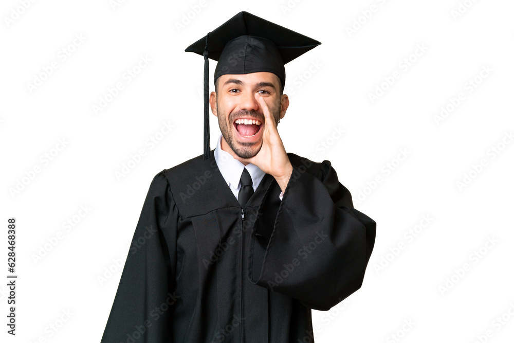 Young university graduate man over isolated chroma key background shouting with mouth wide open Young university graduate man over isolated chroma key background shouting with mouth wide open