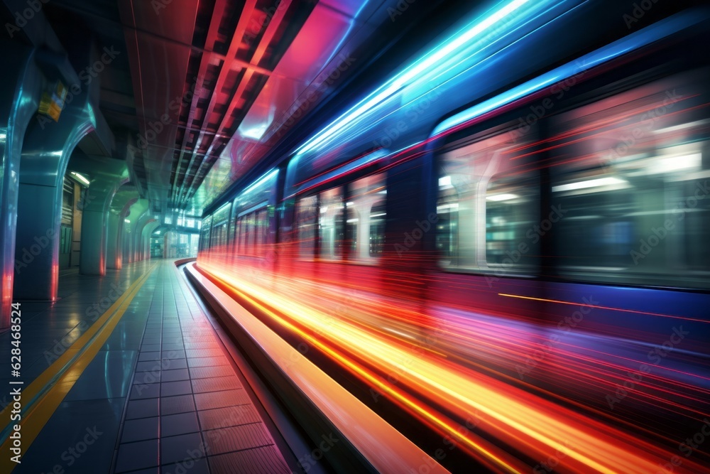 Fast underground subway train racing through the tunnels. Neon pink and blue light Fast underground subway train racing through the tunnels. Neon pink and blue light