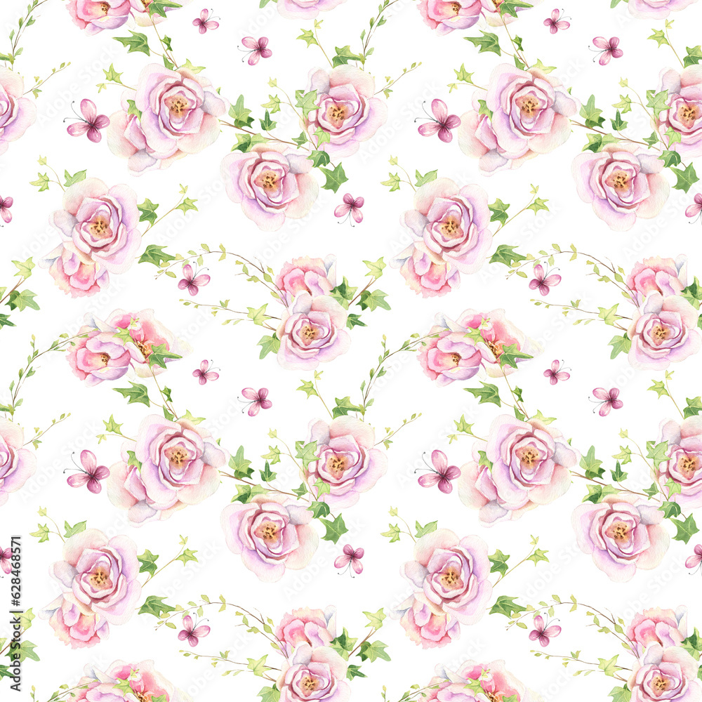 Watercolor floral seamless pattern. Flowers, pink tulips, ivy, butterflies. Hand drawn illustration on white background. Wedding, birthday, card, textile, wrapper botanical design.