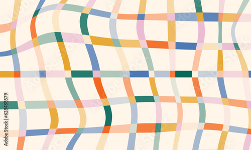 Groovy hippie abstract background. Rainbow colored striped geometric pattern. Retro 60s 70s abstract psychedelic design. Curve crossed lines grid. Wavy plaid backdrop in childish doodle style