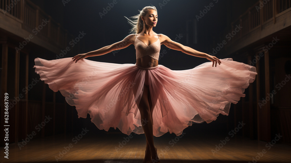 Fototapeta premium Ballerina in mid-flight, her legs soaring en pointe, capturing a moment of grace and poise Generative AI