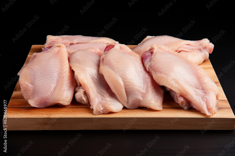 Raw chicken meat and chicken wings being placed on the cutting board.