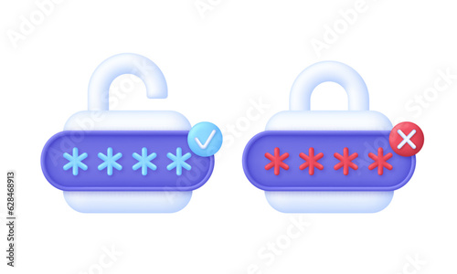 3D Correct and Incorrect Passwords. Padlock and password icons. Personal data protection on the internet.