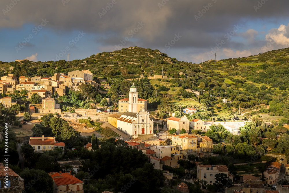General view High angle, VIllage of Corbara and it's church, Balagne, Corsica, 