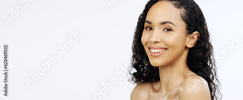 Black woman, beauty and face with skincare in portrait smile, facial and cosmetic care isolated on white background banner. Dermatology, natural cosmetics and spa treatment glow, mockup space and fem