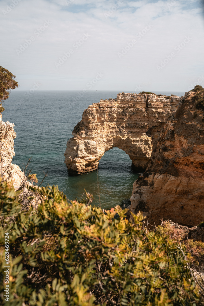 Viewpoint of the beach and Arch at Praia da Marinha, Algarve, Portugal 