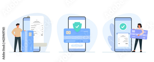 Vector illustration set of online mobile banking and mobile payments. Security transaction and secure payment. Scenes in flat design isolated on white background.