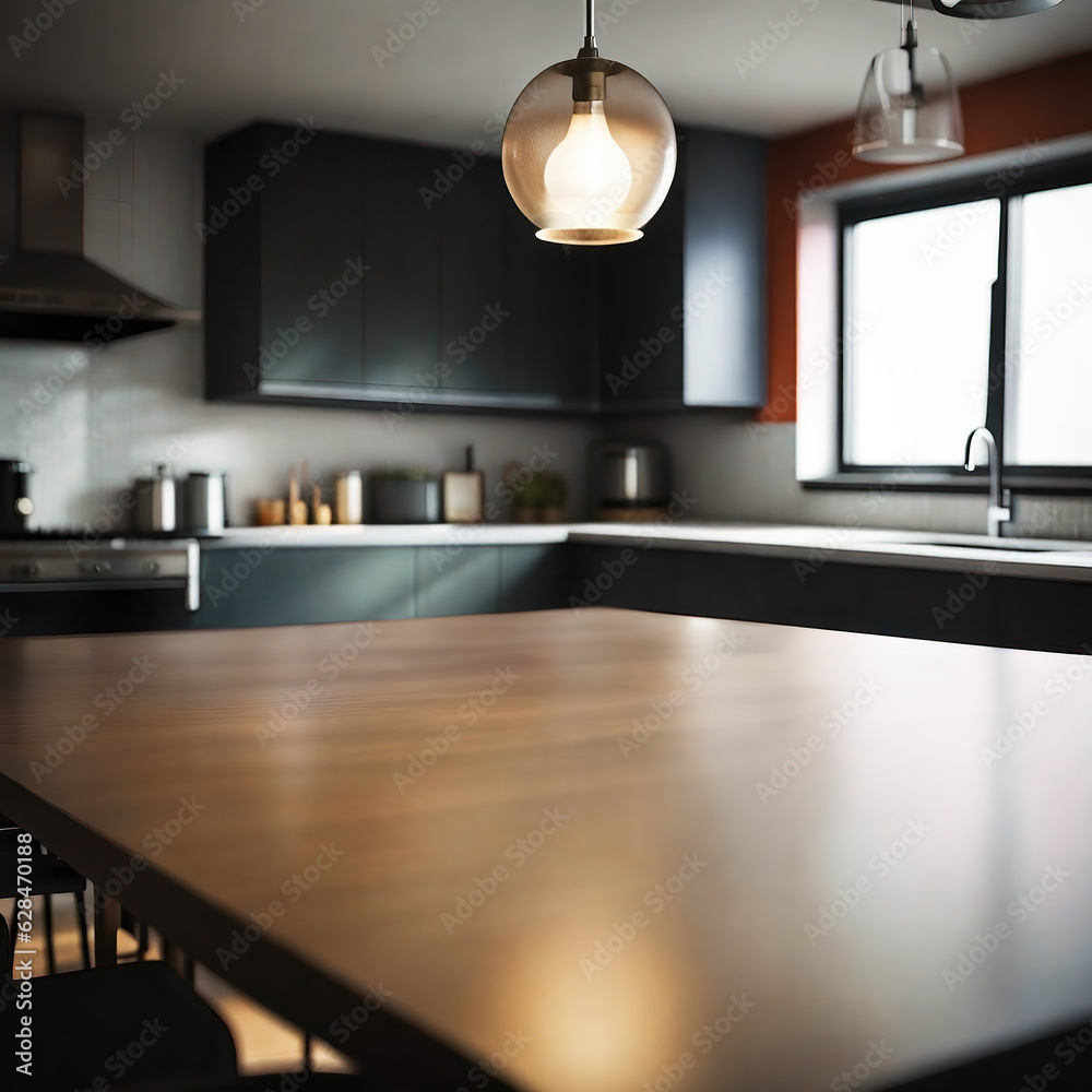 Wood table in modern kitchen blurry background