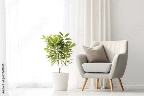 Modern white living room interior 3d rendering image.A blank wall with pure white. Decorate wall with extrude horizon line pattern and hidden warm light,Generative AI © Azar