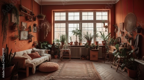 Bohemian and cozy interior with terracotta wall color and macrame design
