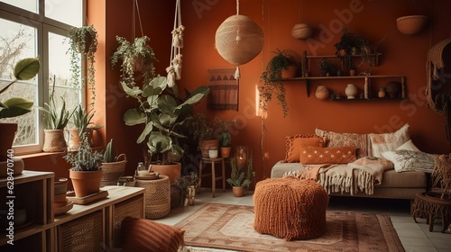 Boho interior with terracotta wall color and macrame design