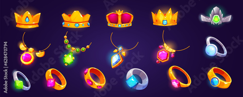 Fantasy medieval ring, amulet, crown icon game ui vector set. Gold royal jewel inventory asset for wizard skill or achievement treasure with gem element. Ancient shiny magic jewelry pendant design