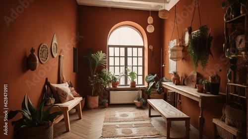 Bohemian and Spanish style interior with terracotta colors