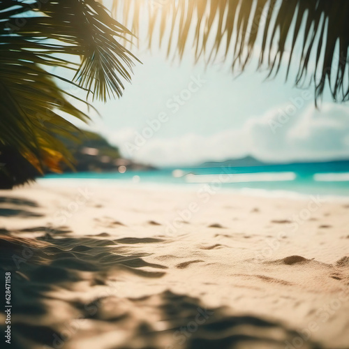 Summer time beach with palm tree leaf background image