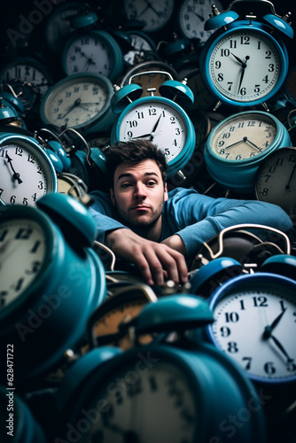 Fotomurale Person humorously buried under a heap of alarm clocks, showcasing the struggle o