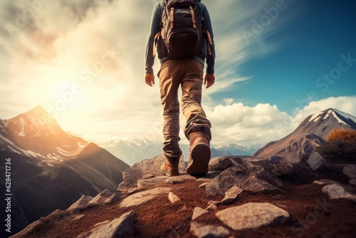Hiker goes against sky and sun. Hiking concept, Generative AI